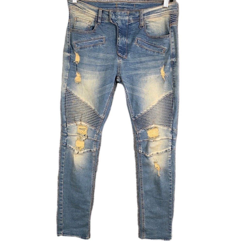 KDNK Denim Jeans Mens 34x32 Blue Moto Destroyed Distressed Ankle Zip 11 4 14 11